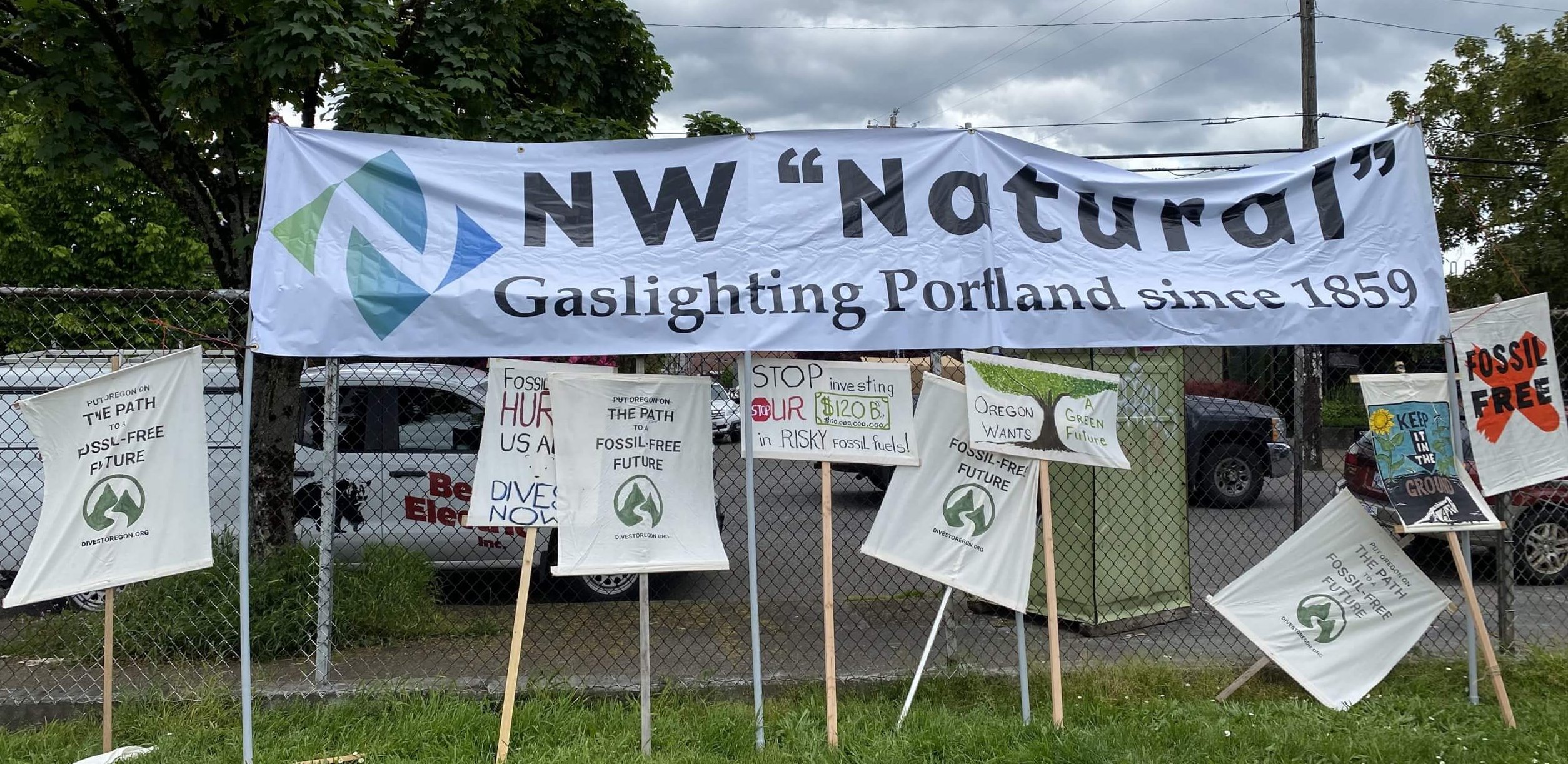 A sign about NW Natural at the Youth Climate March in 2022 for a Fossil Free Future