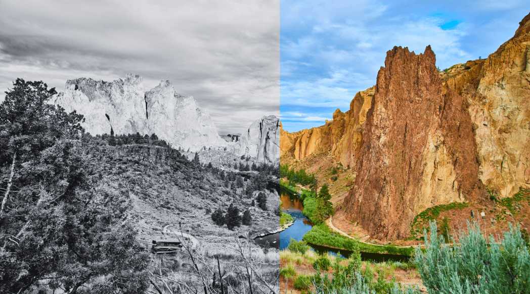 Image of Smith Rock Sate Park in Oregon that transitions from black and white on the left to full color on the right.