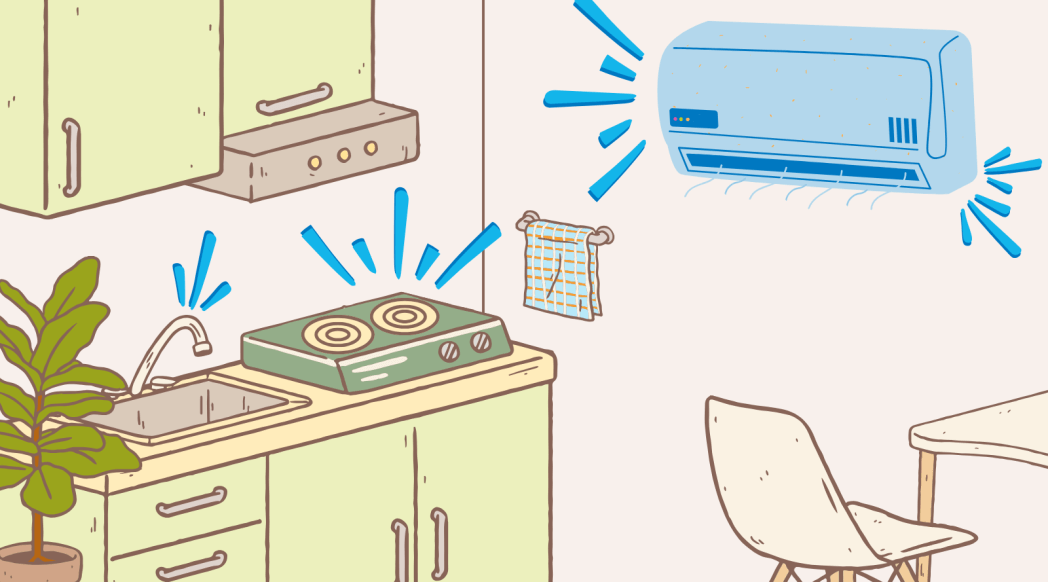 Illustrated image of a kitchen featuring an induction stovetop and wall mounted heat pump. Graphics include table/chairs kitchen sink, fridge and include a visual burst to callout the electric devices that are helping the home be more energy efficient.