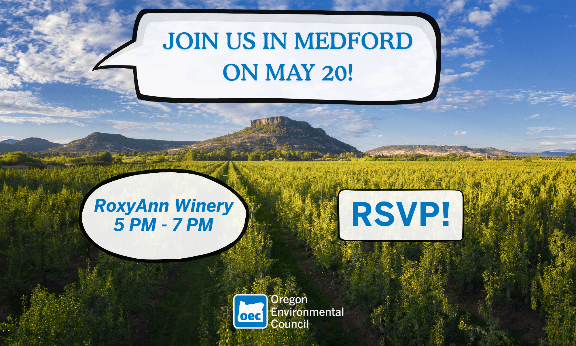 medford happy hour flyer with "join us in medford on may 20" "roxyann winery 5pm - 7pm" "RSVP" and OEC's logo