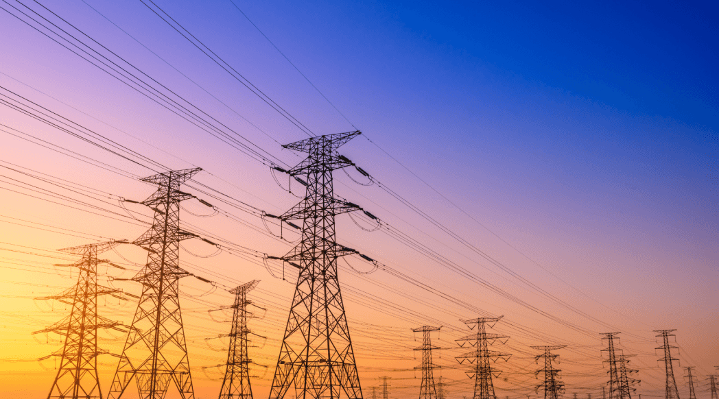transmission lines at sunset
