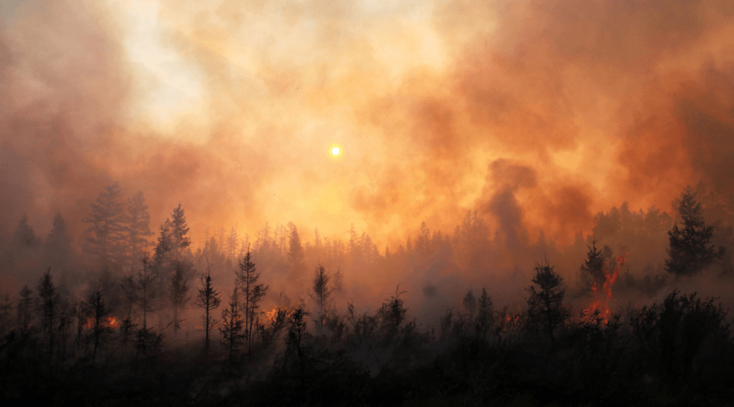 wildfire smoke with sun shining through in oregon mountains