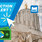The words Action Alert: One Click with an image of the Oregon state capitol and dollar bills with the earth as the center of the bill.