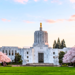 oregon capitol in salem on a spring day with the sun out surrounded by cherry blossom trees