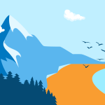 Modern, graphic illustration showing snow capped mountains in blue tones on the left that transitions to a coastal beach scene with a haystack rock in orange and green hues to the right.