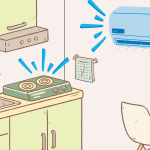 Illustrated image of a kitchen featuring an induction stovetop and wall mounted heat pump. Graphics include table/chairs kitchen sink, fridge and include a visual burst to callout the electric devices that are helping the home be more energy efficient.